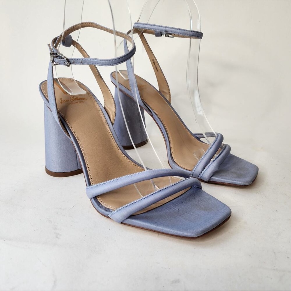Sam Edelman Kia Block Heel Sandals Size 7.5 Blue Satin Strappy Square Toe